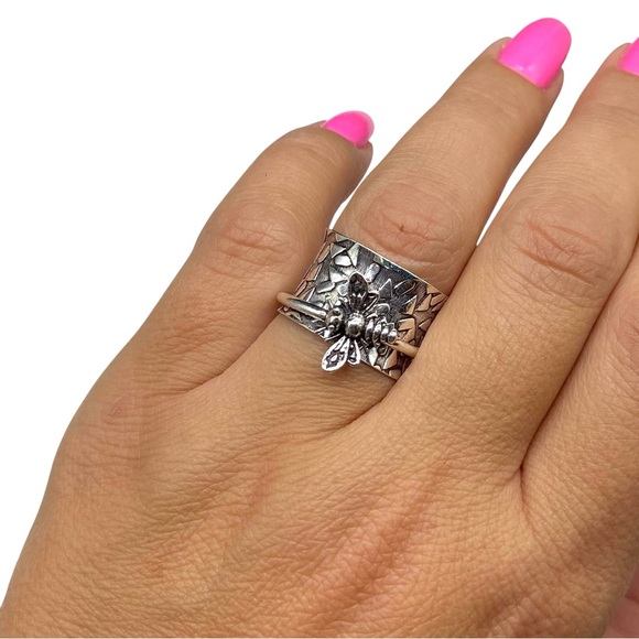 Bee Spinner Ring 925 Sterling Silver Overlay Size 6.5 Insect Spinning Wide Band - Picture 3 of 5